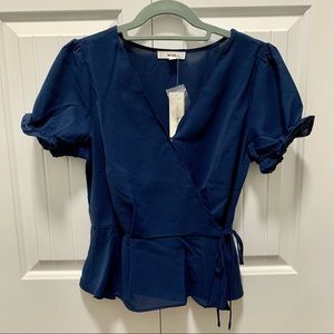 NAVY SIDE TIE BLOUSE - M